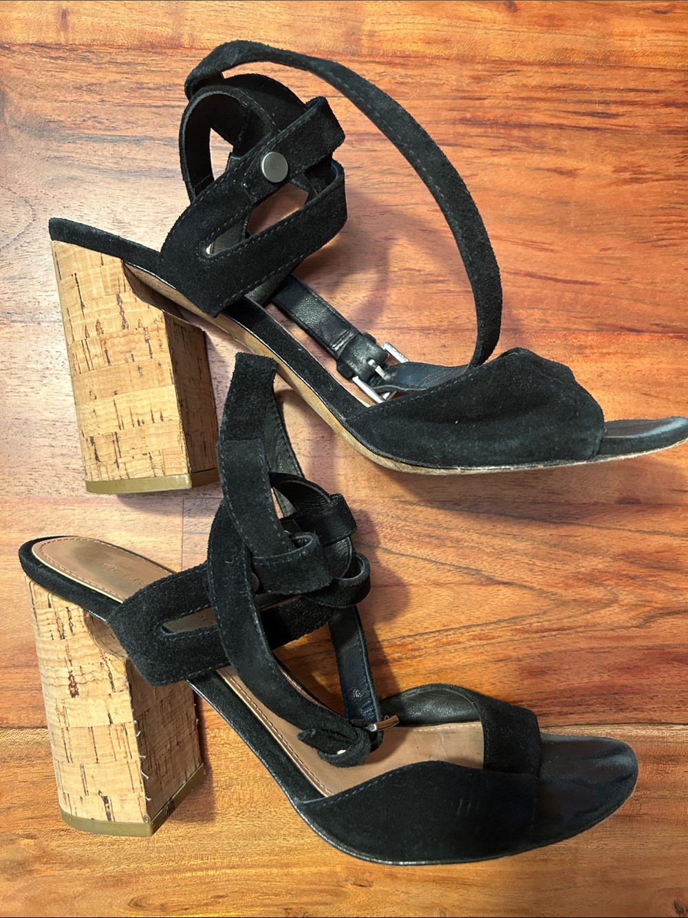 Sigerson Morrison Black Suede Cork Block Heel Sandals